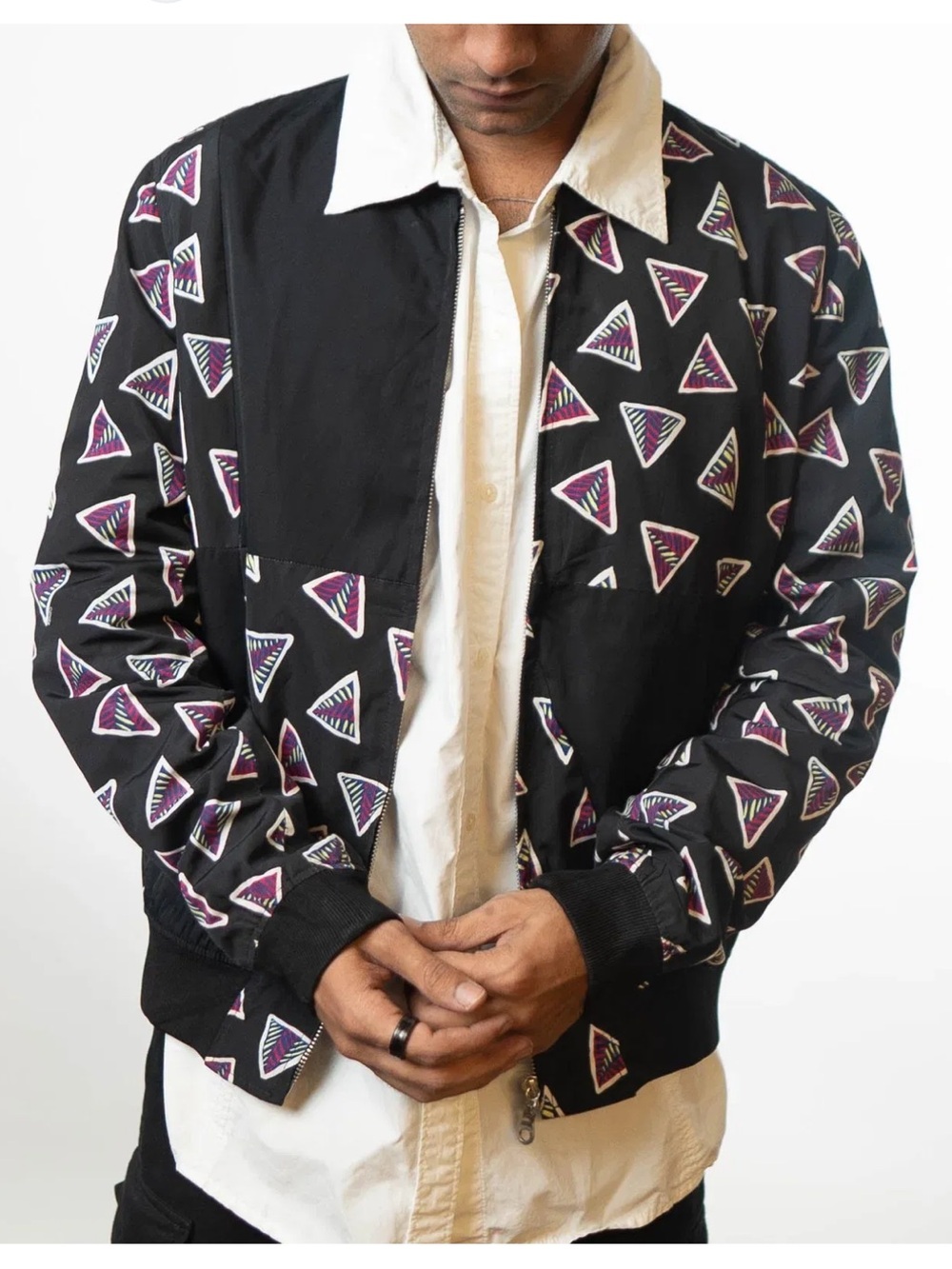 Kenzo Bermuda Triangle Jacket featuring an all-over colorful geometric triangle